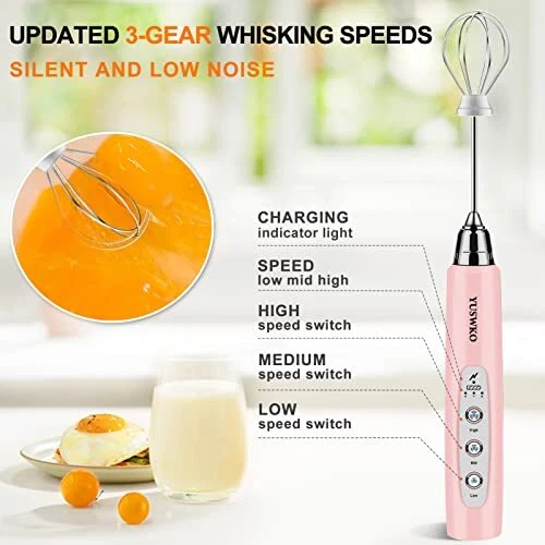 Milk Frother Handheld With 3 Heads Coffee Whisk Drink Foam Mixer With Usb Rechar