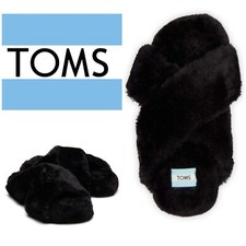 Toms Women's Susie Eva Faux Fur Slip On Slippers Slides Black Size 7