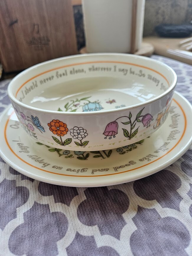 Vintage 70's Lenox "Gentle Friends" Plate and Bowl Children's Set Kids Flowers