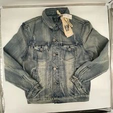 Mid Blue Denim Jacket MEDIUM Men: Stone Washed, Distressed, Stretch, FUSAI JEANS