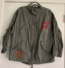 ZARA Olive Denim Zipper Studded Jacket Embroidered Words Don't Let Me Sz XS