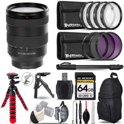 Sony FE 24-105mm f/4 G OSS Lens+MACRO, UV-CPL-FLD Filter + Monopad -64GB