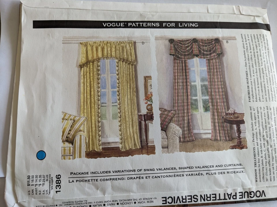 Vogue 1338, 90s Sewing Pattern Swag Shaped Valances Var. & Curtains WAVERLY - Image 2 of 3