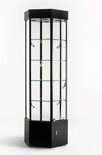 73 Inch Tall Hexagonal Black Tower Display Showcase with LED Lights and Storage