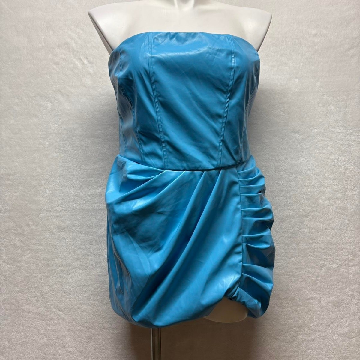strapless bodycon dress fashion nova Fashion Nova Strapless Faux Leather Ruched Bodycon Mini Dress Blue Size 1X  14/16