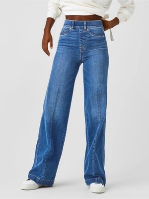 SPANX Petite Wide Leg Jeans Medium Wash High Rise Pull On Pants M
