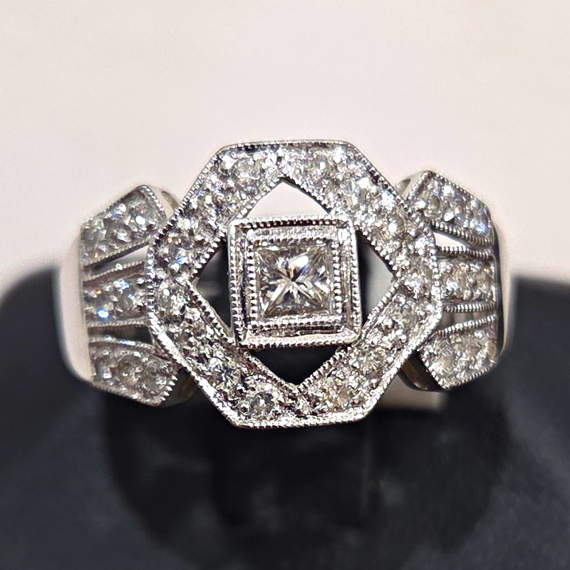 18K White Gold Diamond  Cocktail Ring, .50 Tcw Square Center, Size 6.5