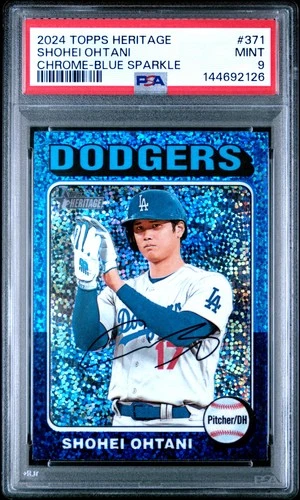 2126 Shohei Ohtani 2024 Topps Heritage Chrome #371 Blue Sparkle Refractor PSA 9