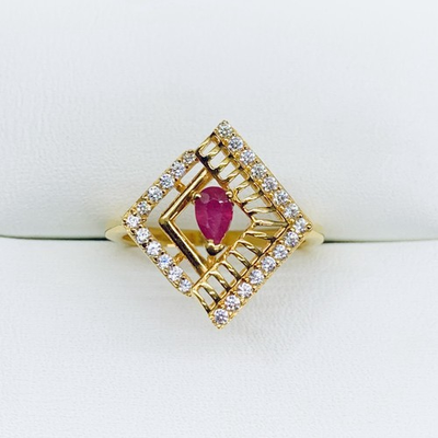 #ad 916 22k Yellow Gold Pear Cut Natural Ruby amp; CZ Halo Pave Square Ring Band Size 6 $599.99