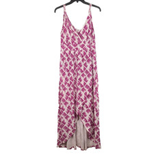 Garnet Hill Maxi Dress Sleeveless High Low V-Neck Pink White Cotton Blend Size 8