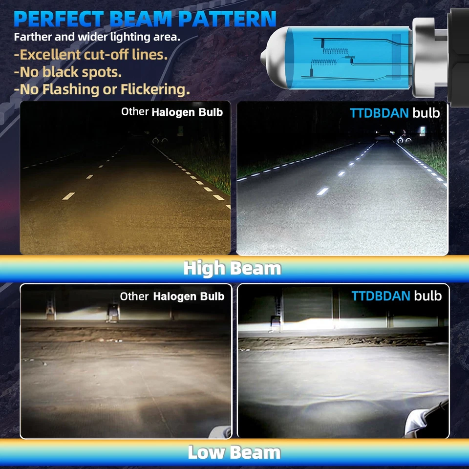 9004/HB1 Halogen Headlight Super Bright Bulbs Kit White 6000K High/Low Beam 2PCS - Image 4 of 4