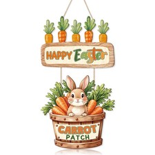 Easter Bunny Wooden Door Hanger, Happy Easter Carrot Patch Wood Sign, Rustic ...