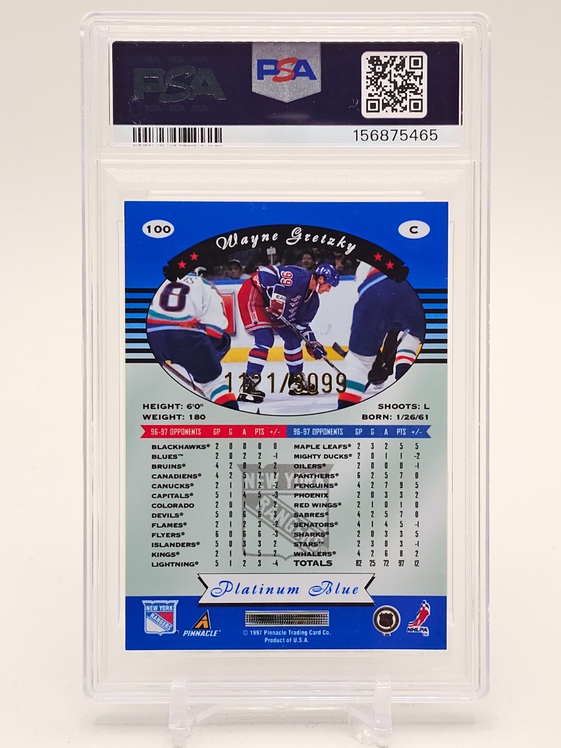 WAYNE GRETZKY 1997-98 PINNACLE TOTALLY CERTIFIED PLATINUM BLUE /3099 PSA 9 Q4597 view 2