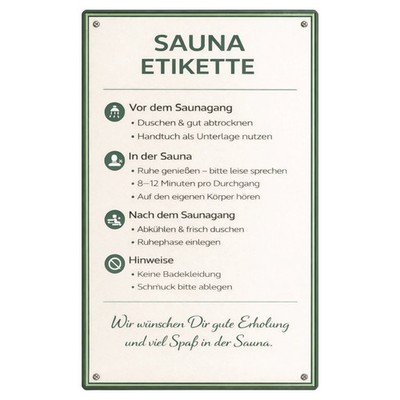 Sauna Etikette Blechschild Wellness Regeln Retro Metallschild Sauna Deko 20x30cm