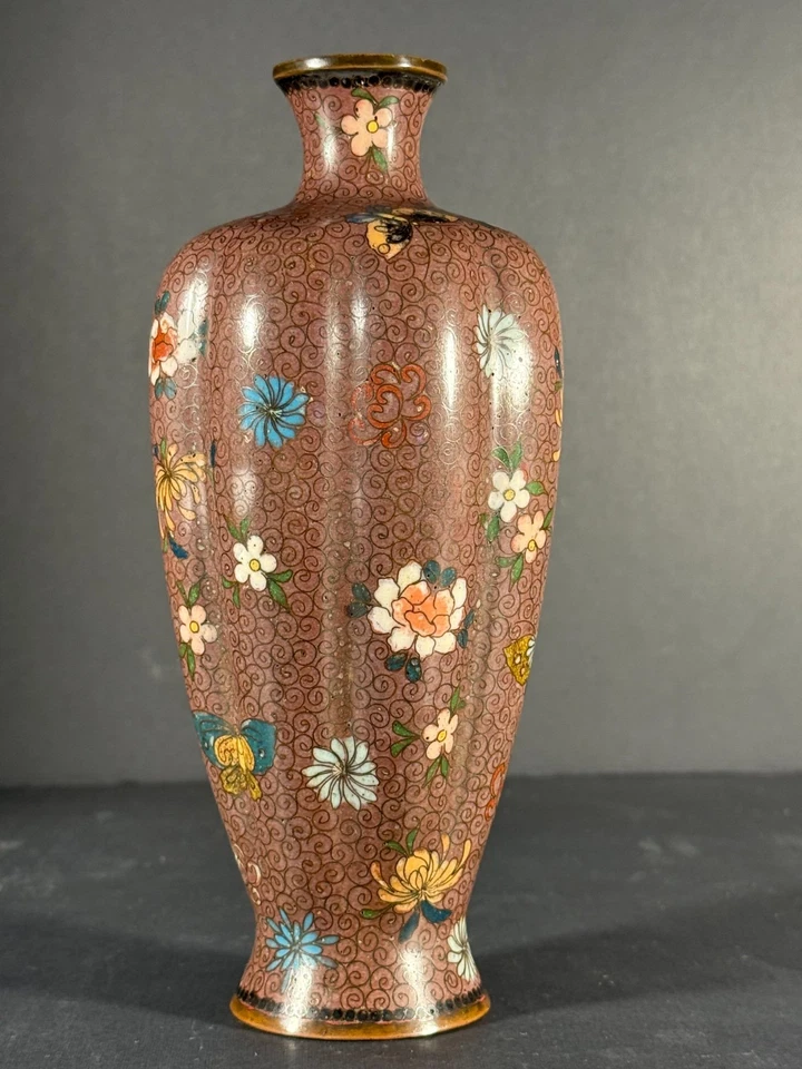 Japanese Meiji Cloisonne Vase Fine Wire Butterflies & Floral Design 7" - Image 3 of 4
