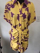 SHEIN Floral Belted Shirt Dress W/ Pockets Yellow/ Purple Size L