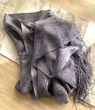 Beautiful gray blue metallic shawl with fringe 62"x24" 