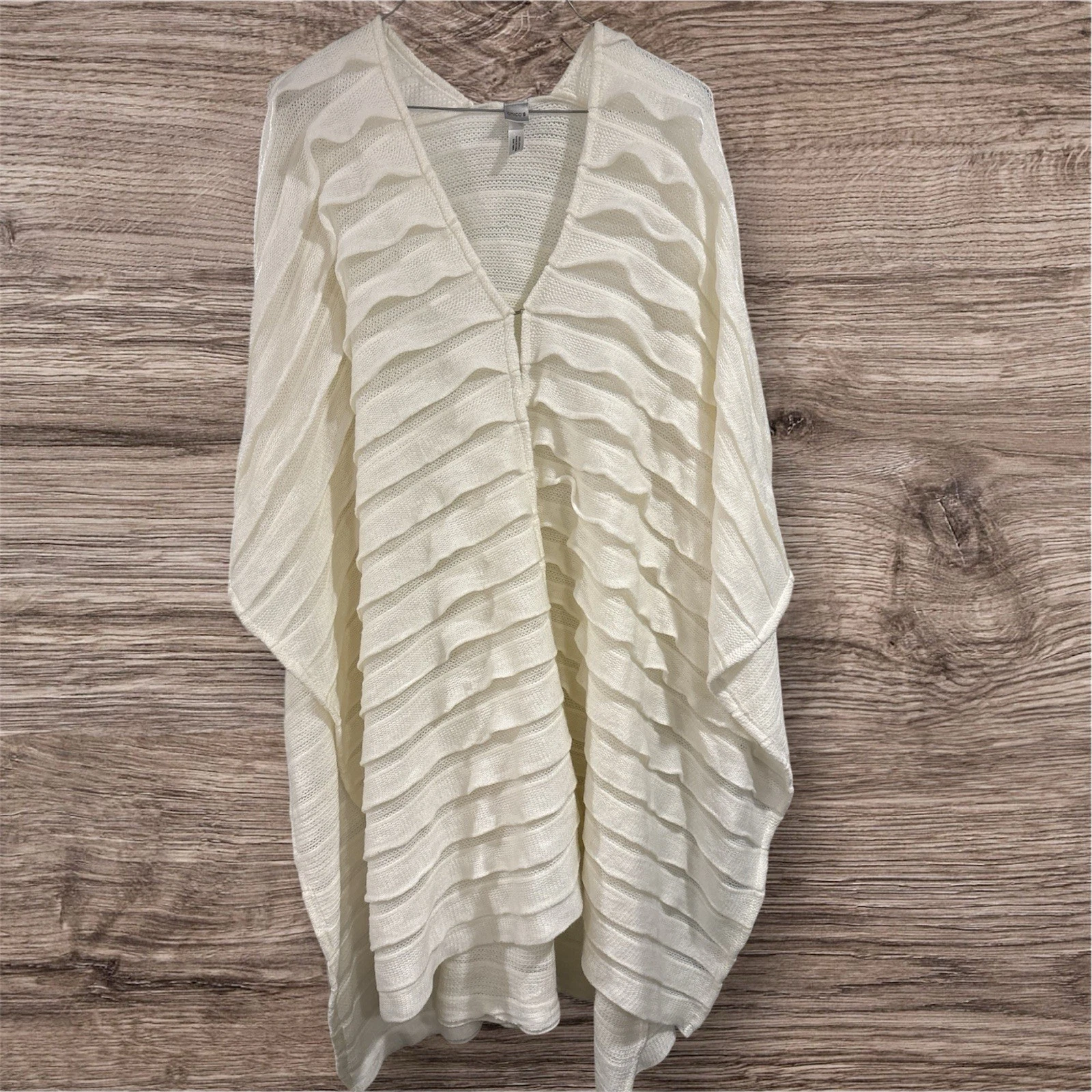 Chicos One Size Poncho Cardigan Sweater Wrap Cape Cream Lightweight Ruffle