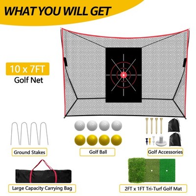 Ultimate Golf Practice Net Set 10x7 FT - w/Target, Mat, 8 Balls, Tees, Carry Bag