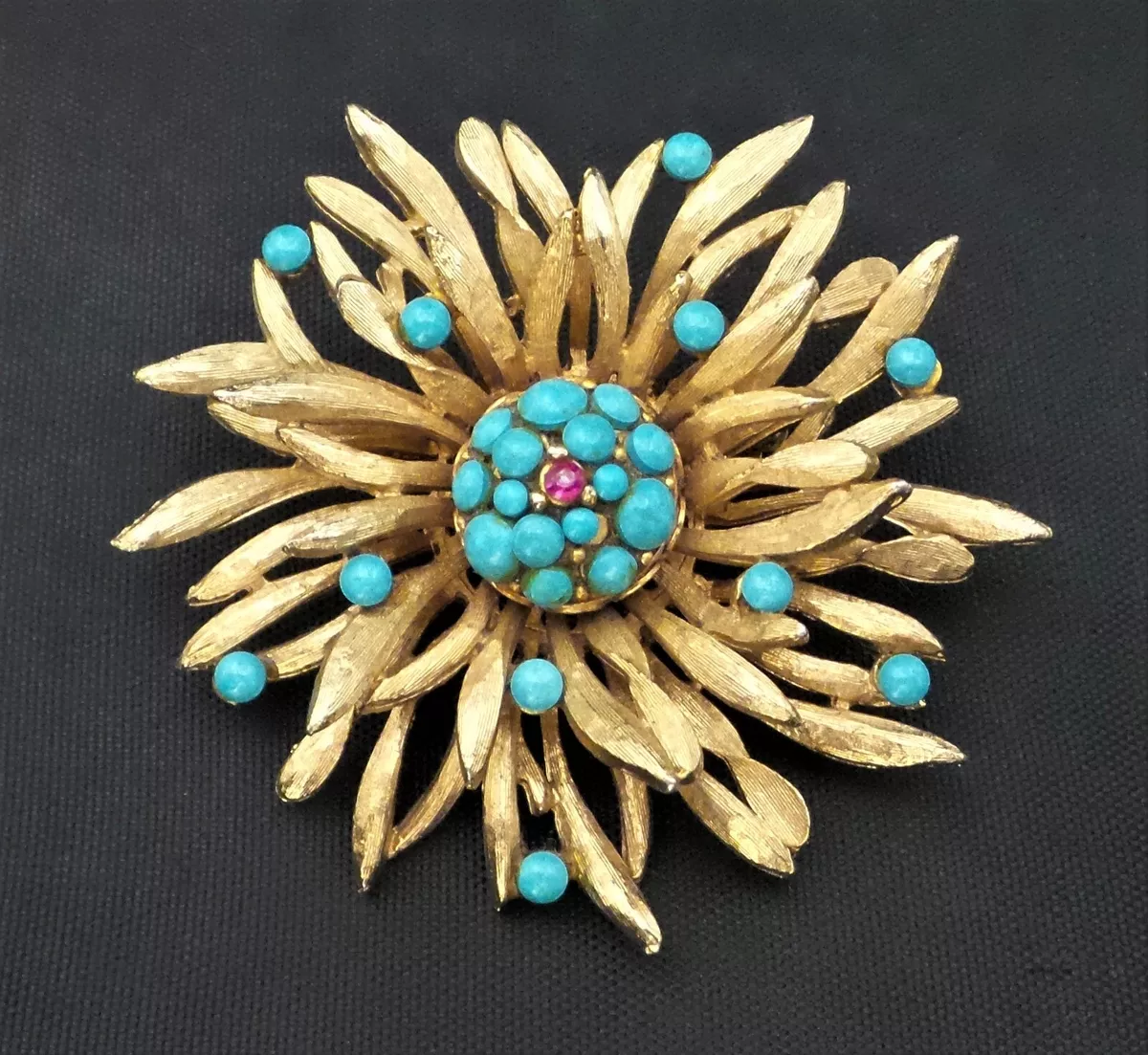 Vintage Capri Faux Turquoise Rhinestone Cabochon Brooch Pin 2