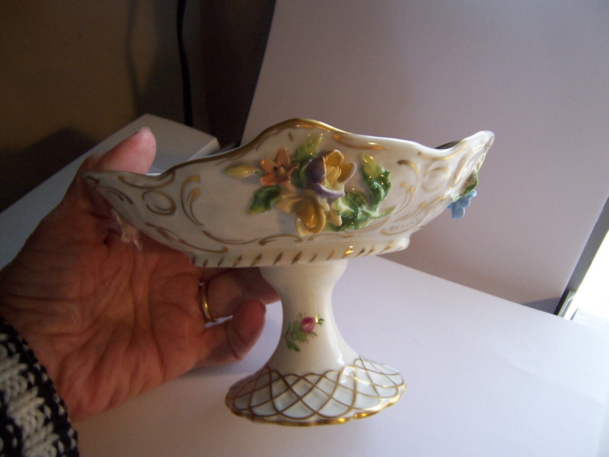 Vintage Dresden Porcelain Pedestal Compote Bowl flowers applied pretty