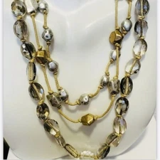 Glass Beaded Layered Necklace 22” Silver Nugget Boho Chic