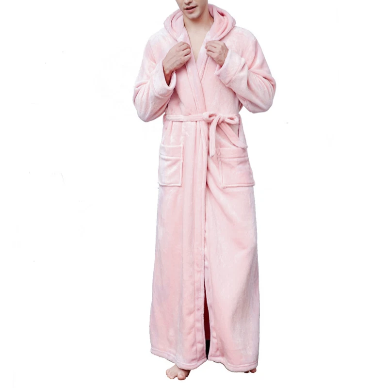 Mens Hooded Mens Sleepwear Mens Fleece Bath Robe Solid Color Fleece Fluffy Gown - Image 2 of 4