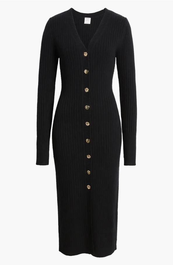 NWT Nordstrom Harbison Long Sleeve Rib Midi Sweater Dress in Black