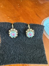 Dainty Rose Flower Earrings Guillochet Enamel Screw Back Nature Jewelry