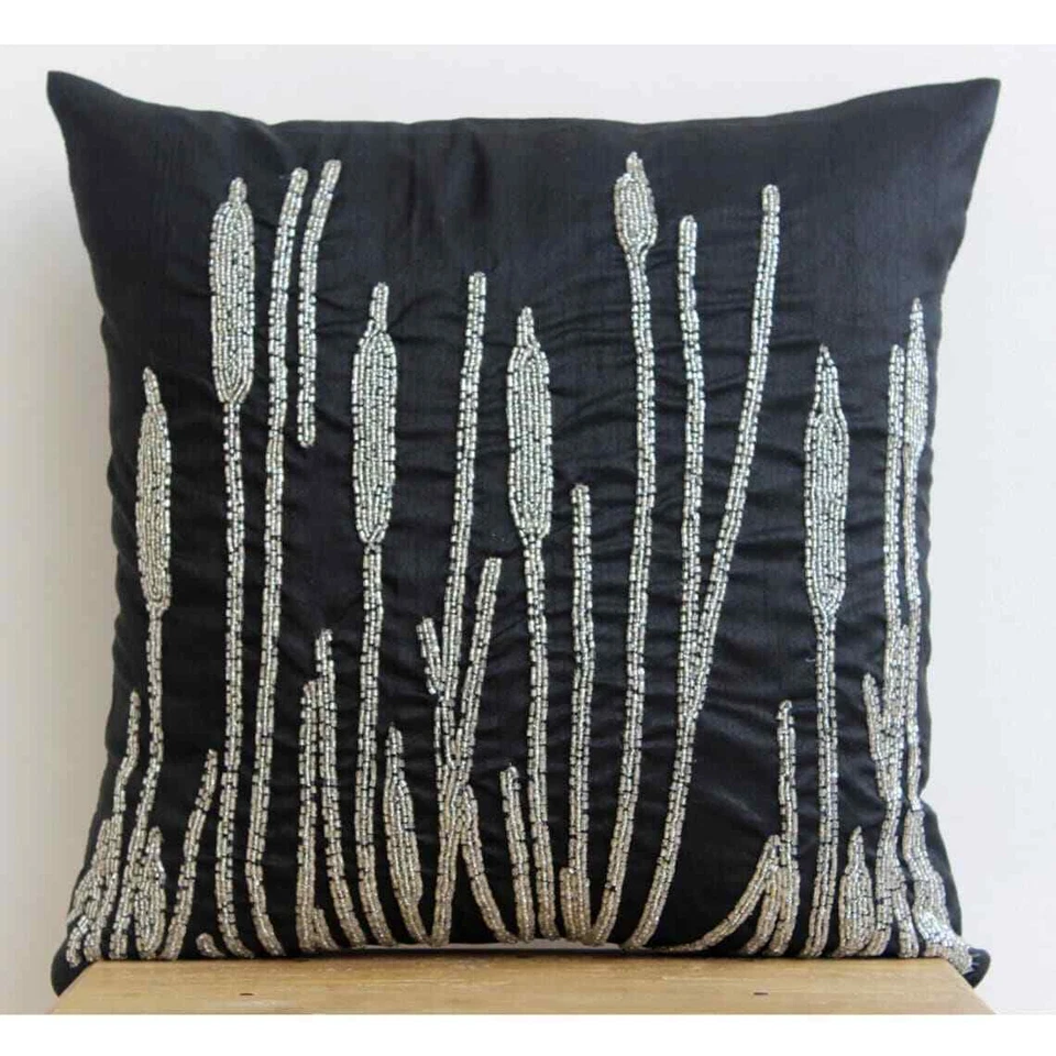 Pillow Cover Black 16"x16", Room Decor Silk Paddy Beaded - Black Beauty Foto 2 de 4