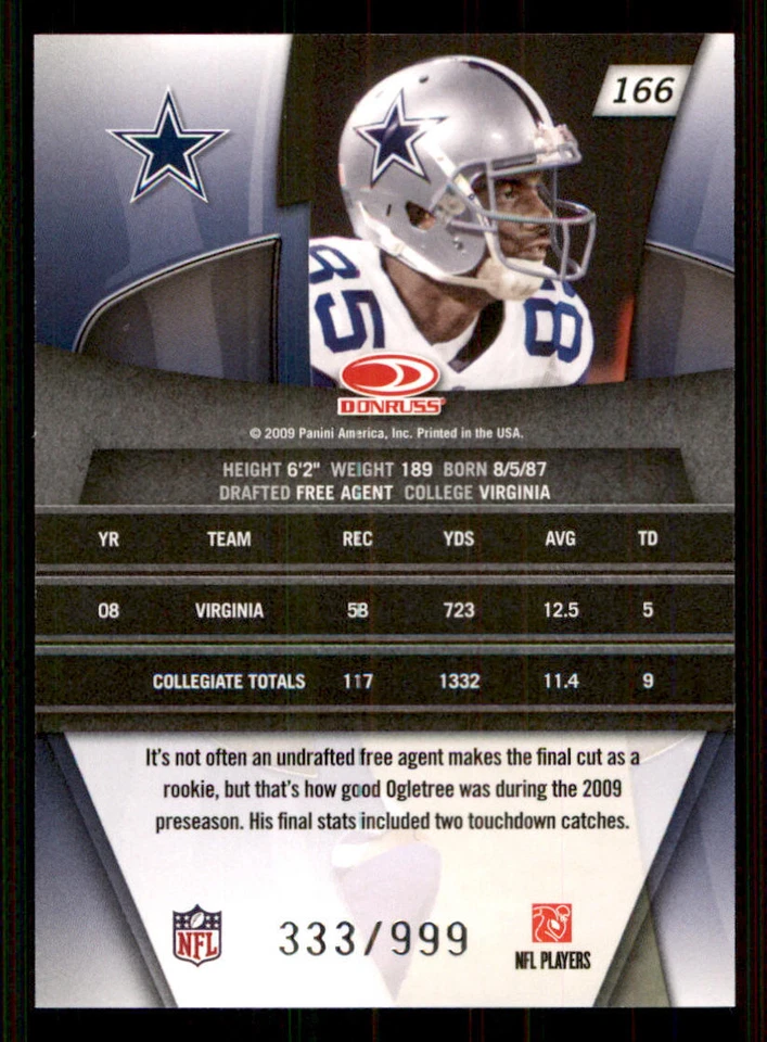 2009 Donruss Gridiron Gear #166 Kevin Ogletree RC /999 - Image 2 of 2