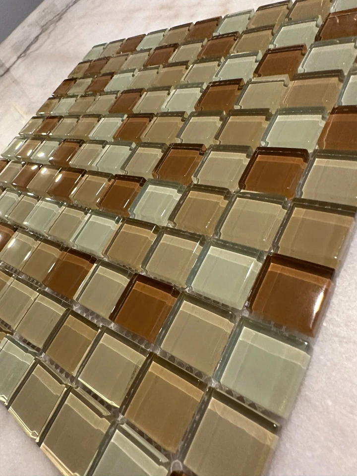 Light Beige Mix Glossy Glass Mosaic 1"x1" Stacked Mesh Mounted - Image 2 of 4