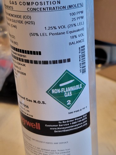 HONEYWELL CG-Q34-4JK Cal Gas Ch4/CO/H2S/02, 34L 32UU57 - Picture 5 of 8