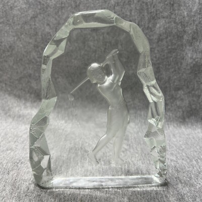 Vintage Ice Block Paper Weight Female Golfer Etched Heavy Lead Crystal  7''