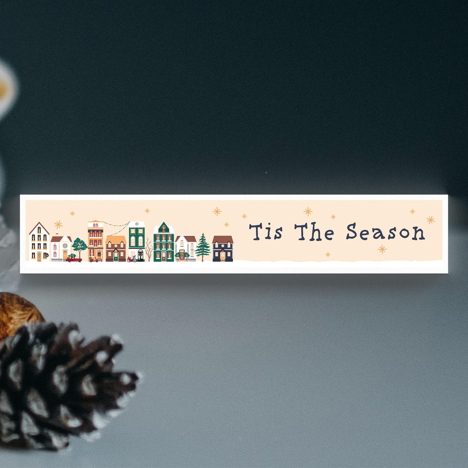 Tis The Season Snowy Street Scene Festive Standing Wooden Block Christmas Decor