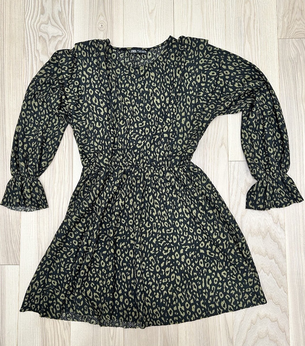 Zara Black Green Leopard Long-sleeve Dress Medium
