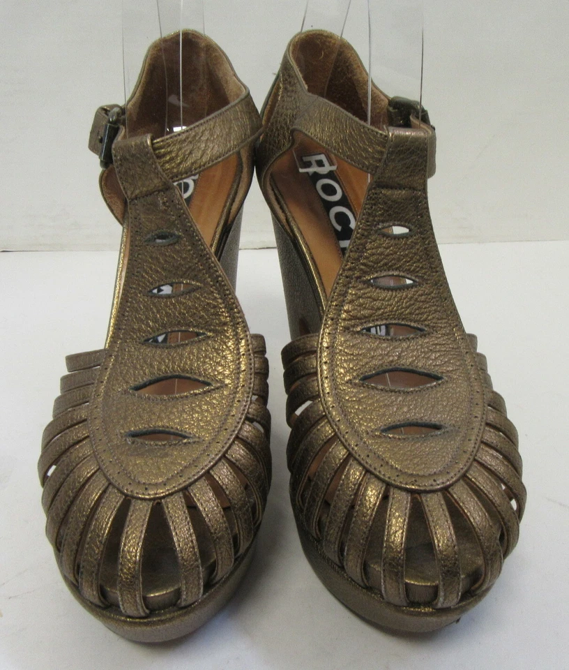 Sandalias de tacón ROCHAS metálicas de cuero granulado dorado con plataforma enjaulada talla 38 Foto 3 de 4