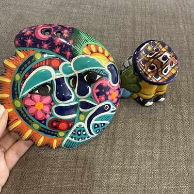 Mexican Folk Art Terracotta Sun Moon Eclipse Wall Hanging Celestial 6  & Mexican