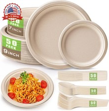 250Pcs Disposable Paper Plates Set, Compostable Plate Sugarcane Utensils