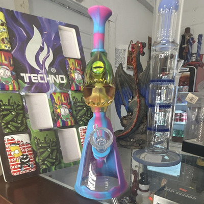 TECHNO Silicone & Glass Shark Head Water Pipe/Bong Blue Pink w/ Glass Bowl