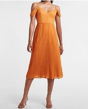 Express Midi Dress Women’s XS Orange Crinkled Off the Shoulder Romantic New