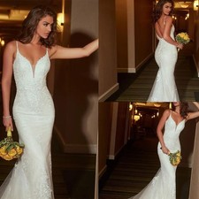 Sexy Open-Back Mermaid Wedding Dress Spaghetti Plunging Neckline Lace Bride Gown