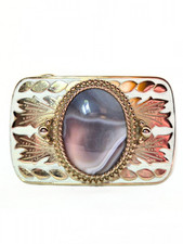 Vintage Western Belt Buckle Gray Banded Agate Stone Gold Tone Rectangular