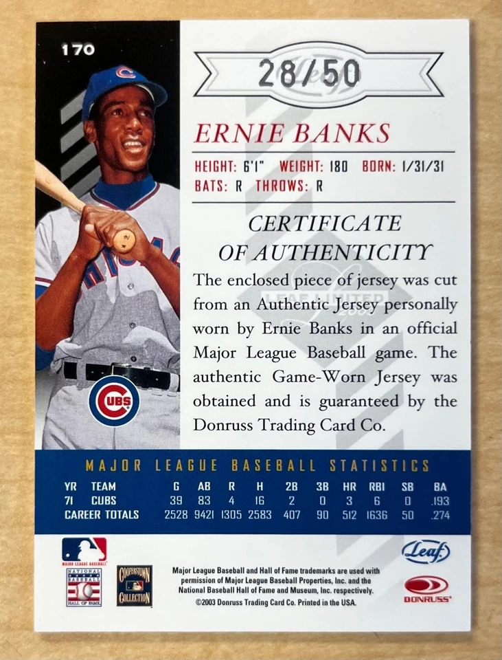 2003 Leaf Limited #170 Ernie Banks Game Worn Jersey Threads Parallel /50 Cubs - Image 2 of 2
