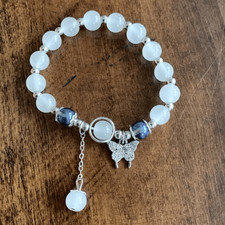 Milky White  Purple Beaded Bracelet with Butterfly Charm for Teens - New
