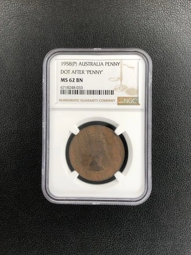 1958 Australia PENNY "Dot" after "Penny" NGC MS 62 BN Bronze Coin Rare UNC