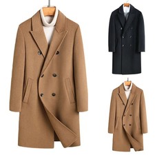 Mens Thickened Double Breasted Woolen Coat Extra Long Lapel Business Jacket