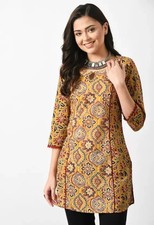 Indian Women Mustard Pure Cotton Floral Printed Kurta Kurti Top Tunic Dress