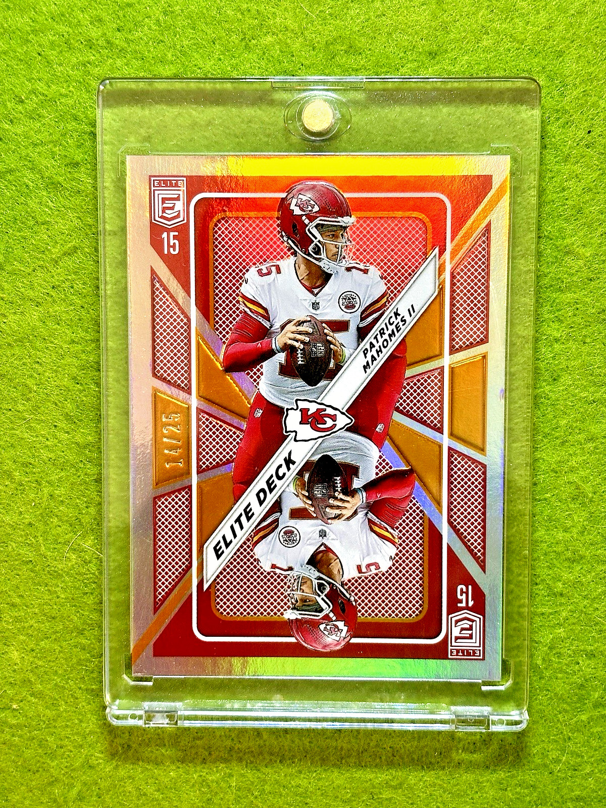 Patrick Mahomes SSP # /25 SILVER PRIZM ORANGE ELITE DECK CARD 2023 Donruss Elite