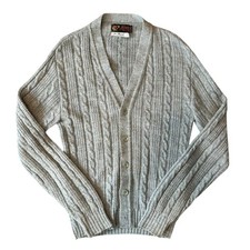 Vintage 60s Gray Cable Knit Cardigan Orlon Acrylic Mens Sz M Made in USA